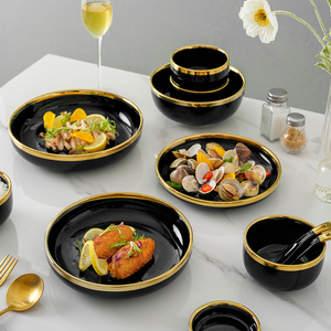 Piatti da portata all'ingrosso da 7,5/8/9/10/12 pollici in porcellana di lusso, neri brillanti <span class=keywords><strong>con</strong></span> bordo dorato, stoviglie in ceramica per uso domestico - Product Image 5