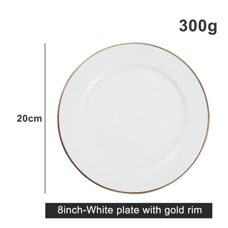 Keramik fabrik Großhandel Luxus Goldrand Weißer Knochen China Flache Platte Geschirr 6/7/8/10 Zoll Keramik Teller