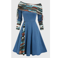 Robe midi évasée pour femme, à carreaux patchwork, épaules dénudées, manches longues, avec boutons décoratifs, pour Noël, automne, hiver, fêtes et occasions spéciales