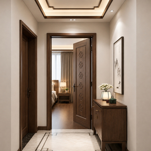 Puerta Interior de Madera Sólida Golden Aero GA-12L, Diseño Moderno con Ranura Floral, Borde Curvo, Superficie Acabada para Villa, Apartamento, Dormitorio - Product Image 1
