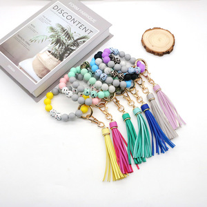 Mùa hè đàn hồi Silicone hạt <span class=keywords><strong>Keychain</strong></span> Vòng đeo tay cuentas llavero de madera hạt gỗ da lộn Vòng tròn tua Vòng tay <span class=keywords><strong>Keychain</strong></span> - Product Image 3