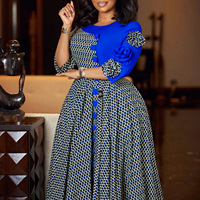 Robe midi de style africain élégante, patchwork, coupe trapèze, pour le bureau, décontractée, manches trois-quarts, boutonnée, tenue de soirée