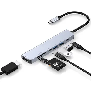 De gros 7 1 type c usb dongle-Adaptateur Multiport USB type-c, 7-en-1, Dongle en aluminium, avec sortie 4K/HD, 3 Ports USB 3.0, lecteur de carte SD/TF