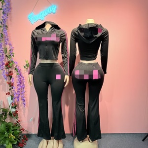 Новый осенний женский комплект: укороченная куртка с длинным рукавом, боковыми полосками и буквенным принтом, и расклешенные брюки. Повседневный комплект из 2 предметов с капюшоном. - Product Image 1