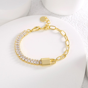 Unisex Asymmetrical Half Tennis Bracelet Gold Plated Zircon Chain Lock Heart-Shaped <b>Charm</b> Made Brass Copper Trendy Anniversary - Product Image 3