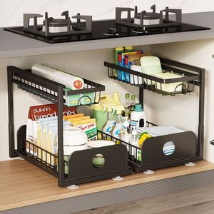 Étagère de rangement multifonctionnelle ajustable pour évier de cuisine, à deux niveaux, étanche, pour épices sous l'évier - Product Image 3