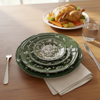 Service de vaisselle de luxe en céramique et porcelaine, décor floral vert vintage, toutes couleurs personnalisables