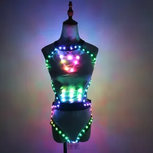 Full Color LED Light Sexy Bikini Bra Dance Bar Performance Costume Club Dresses GOGO Singer Set Including Skirt Nightclub GO GO