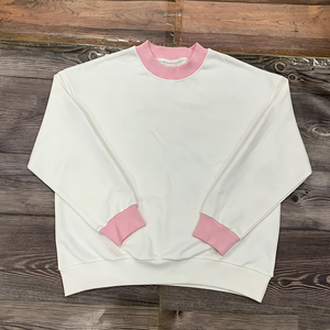 เสื้อสเวตเชิ้ตคอเต่าตัดสีสไตล์ลำลองสำหรับผู้หญิง แต่งขอบสีชมพู ปักลาย คอตัดสี ทรงโอเวอร์ไซส์ ขายส่ง - Product Image 5