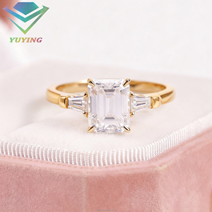 14k solid yellow gold three stone emerald cut lab grown diamond engagement ring IGI certified for wedding band ring - Product Image 3