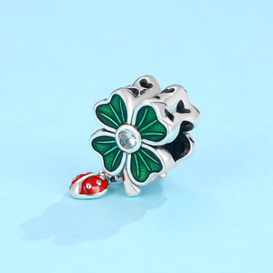 S925 Sterling Silver Green Enamel Clover Bead <b>Red</b> Ladybug Dangle Charm Center CZ Fit Snake Chain <b>Bracelet</b> Women Lucky Gift - Product Image 4