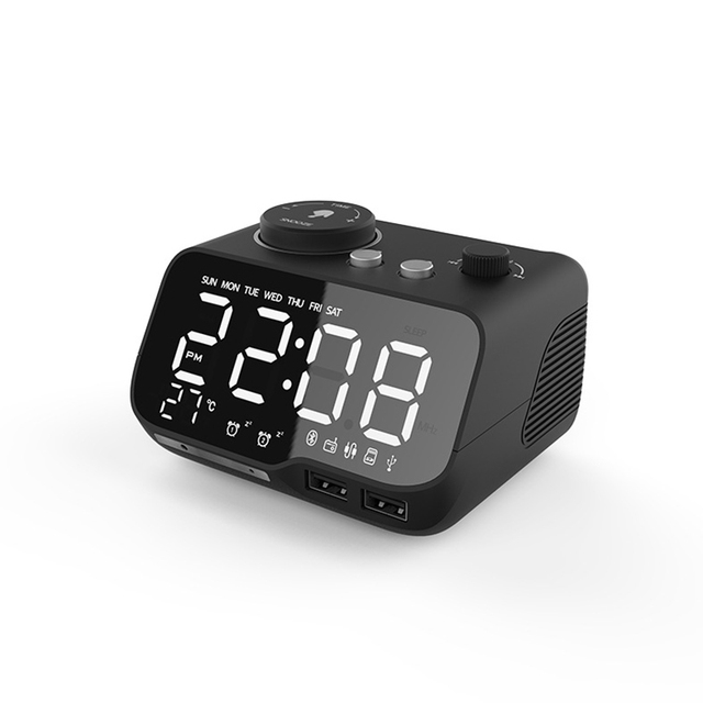 Hotel Bluetooth Speaker Alarm Clock Bedside FM Radio Wireless Charging with LED Display Dual USB for Guest Room