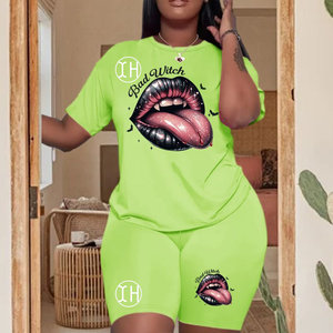 Thiết Kế Xấu Phù Thủy Thư In Ấn Đôi Môi Đồ Họa Bộ Ngắn Giản Dị Lỏng Phù Hợp Áo Quần Short Chặt Chẽ 2 Mảnh Thiết Lập Cho Phụ Nữ - Product Image 5