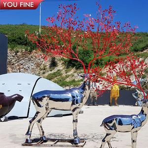 Scultura di <span class=keywords><strong>Cervo</strong></span> in Acciaio Inossidabile Lucidato a Specchio YOUFINE <span class=keywords><strong>con</strong></span> <span class=keywords><strong>Corna</strong></span> a Foglia Rossa per Decorazione di Parchi Urbani e Turismo Culturale - Product Image 4