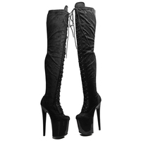 20CM / 8 pouces daim supérieur femmes mode talon haut plate-forme avant à lacets Stretch cuisse haute botte pôle bottes de danse