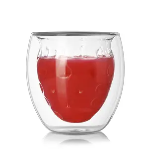 Caneca de água de vidro com isolamento térmico de parede dupla 220ml, copo de vidro em forma de frutas, caneca de vidro em forma de morango