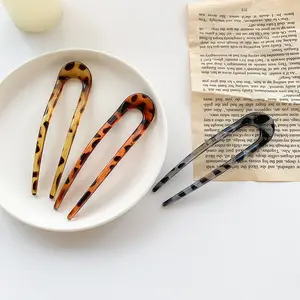 HC141D Wholesale Classic Retro Leopard Pattern Resin U Shaped Hairpin Large Size Traditional Tortoiseshell Ladies Hair Fork