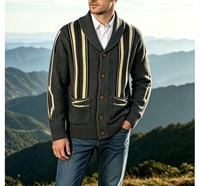 Cardigan en maille pour homme Automne Hiver, style sud-ouest, col châle, avec empiècements rayés, motif aigle, tricot épais à points de graines