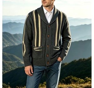 Cárdigan de punto grueso para hombre, estilo suroeste, con cuello chal, paneles a rayas, motivo de águila y punto de semilla, para otoño e invierno - Product Image 2