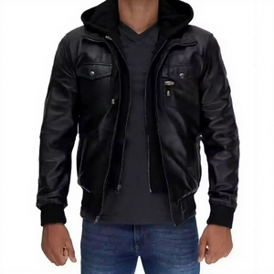 Veste bomber en cuir véritable noir pour homme avec capuche à cordon de serrage, double fermeture éclair et poches à rabat en peau de mouton, vêtement d'extérieur personnalisé pour l'hiver - Product Image 1