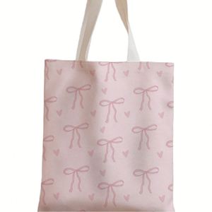 Sac fourre-tout en toile rose 2026 avec nœuds, style preppy, impression de logo personnalisée, sac à bandoulière pour femmes et filles, sac de shopping - Product Image 1
