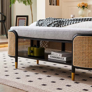 Light Luxury Modern Fabric <strong>Rattan</strong> Bed with Wooden Solid Legs <strong>Storage</strong> Stool for Home Use for Bedroom Living Room Lounge <strong>Bench</strong> - Product Image 1