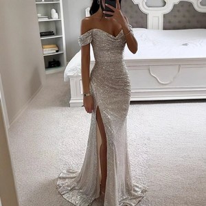 Robe <span class=keywords><strong>de</strong></span> <span class=keywords><strong>Soirée</strong></span> d'Été Élégante pour <span class=keywords><strong>Femme</strong></span>, Col Bateau Sexy, Robe Longue Scintillante Fendue Respirante, Nouvelle Collection Unie - Product Image 4