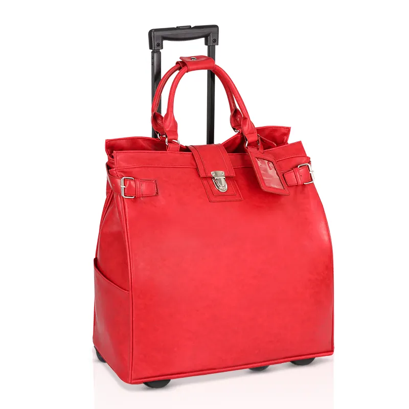 OEM Factory Luxury Designer Custom Handbag Red Patent PU Leather Suitcase Travel Luggage Bag Pu Wheeled Trolley Bag