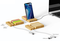 Dispositivos de Carga USB Tipo-C de Bambú Ecológicos, Hub USB Multifunción con Notas Adhesivas y Soporte para Teléfono, Artículos Promocionales