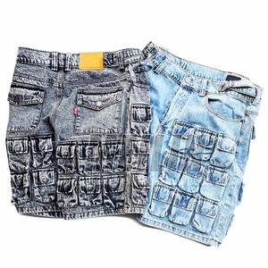 Shorts de Mezclilla Azules Vintage con Lavado Ácido, Estilo Cargo, con Múltiples Bolsillos, Logotipo Personalizado, Estilo Urbano Hip Hop para Hombre - Product Image 2