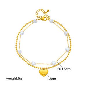 Chaîne de cheville double en acier inoxydable doré avec perles irrégulières et breloques cœur gravées, style féerique pour femme, idéale pour l'été à la plage - Product Image 5