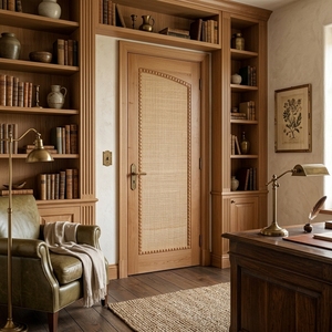 Porte intérieure en rotin naturel tressé et en acajou massif avec architrave mouluré - Product Image 2