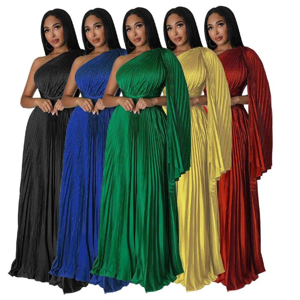 K10388 New Arrival Fashion One-shoulder Pleated Dress Slant Collar High Waist Imitation Silk Party Dresses Women Maxi Dress