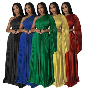 K10388 Gaun Lipit Bahu Tunggal Modis Keluaran Baru Gaun Pesta Sutra Imitasi Pinggang Tinggi Kerah Miring Gaun Maxi Wanita
