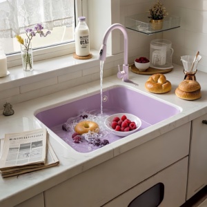 Évier de cuisine coloré en quartz violet Taro, grande cuve unique, intégré sans joint, pour le lavage des légumes - Product Image 1