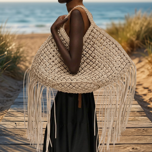 Bolso Tote Bohemio de Ganchillo con Flecos y Borlas, Parte Superior Abierta, Correa para el Hombro, Bolso de Playa Casual para Mujer - Product Image 2