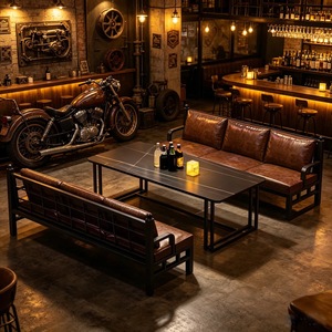 Conjunto de Sofás de Cuero PU Marrón Vintage para Restaurante, Mesa de Comedor de Metal Negro, Muebles de Comedor para <span class=keywords><strong>Bistro</strong></span>, Bar, Cafetería - Product Image 4