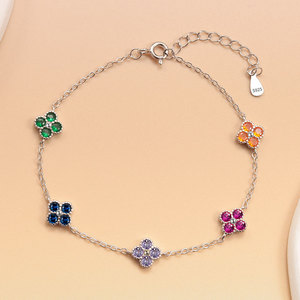 Fine Four Leaf <b>Clover</b> 925 Sterling Silver Chain Link <b>Bracelet</b> with Bezel Set Colorful Zircon Ladies Handmade Customer Jewelry - Product Image 4