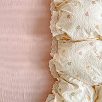 Parure de lit de luxe en mousseline de coton douce style nordique, imprimé floral double gaze, avec garniture en dentelle, housse de couette 4 pièces, King Queen