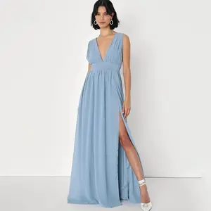 L S Elegant V Neck Casual Dresses Evening Dress For Women Fashion Sleeveless Maxi Dess Slit Lady Long Party Formal Dress