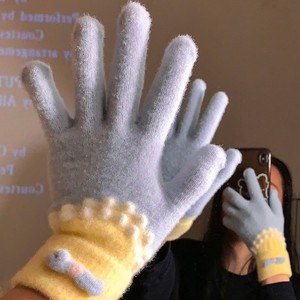 Gants en tricot jacquard en peluche bleue, longueur poignet, cinq doigts, pour femmes, hiver, chauds, mignons, doublés de polaire, épais, cyclisme, anti-froid - Product Image 4