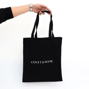Eco-friendly black cotton tote shoulder bag with logo print for shopping super market packaging canvas pouch with strap handle