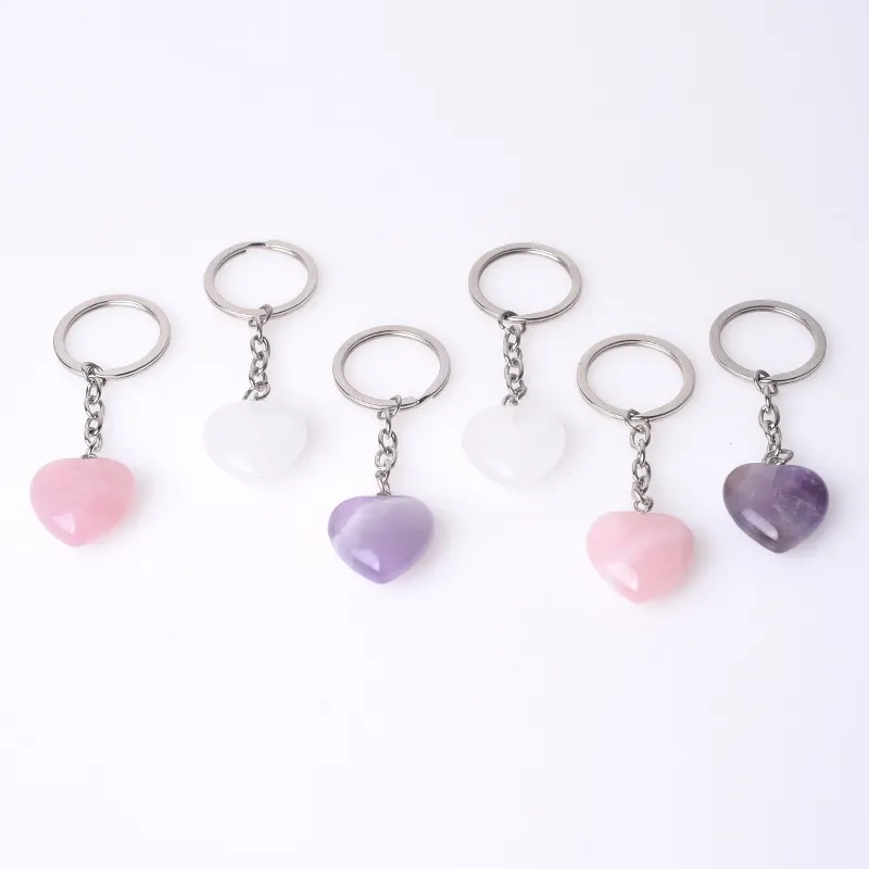 Wholesale Price Crystal Crafts Gemstone Heart Keychains For Gifts Eco-Friendly Natural Stainless Steel Heart Shape Key Chain