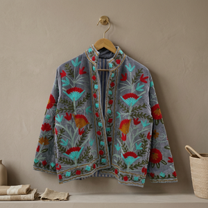 Floral Embroidered Velvet <b>Jacket</b> <b>Women</b> Mandarin Collar Open Front Boho Style <b>Spring</b> Outerwear Full Sleeve Handmade Design - Product Image 4