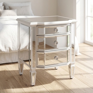 Modern White Solid Wood Leonore <strong>Mirrored</strong> <strong>Bedside</strong> <strong>Table</strong> with 3 Drawers Bedroom Nightstand - Product Image 6