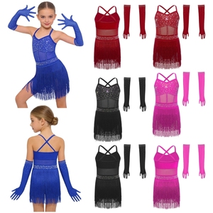 Tenue de danse latine pour filles de 6 à 16 ans, justaucorps avec gants, ensembles pour compétitions, spectacles de tango, cours de danse, vêtements de gymnastique - Product Image 1