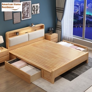 Modern Simple Nordic 1.8m <b>Queen</b> <b>Size</b> Solid Wood Double <b>Bed</b> with Soft Back Night Light 1.35m High Box Storage for Home or Hotel - Product Image 2