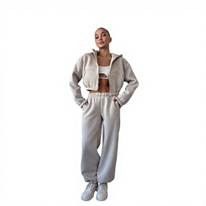 Ensemble de survêtement beige personnalisé pour femme : sweat à capuche court zippé et pantalon large, tenue de sport décontractée deux pièces, style streetwear - Product Image 1