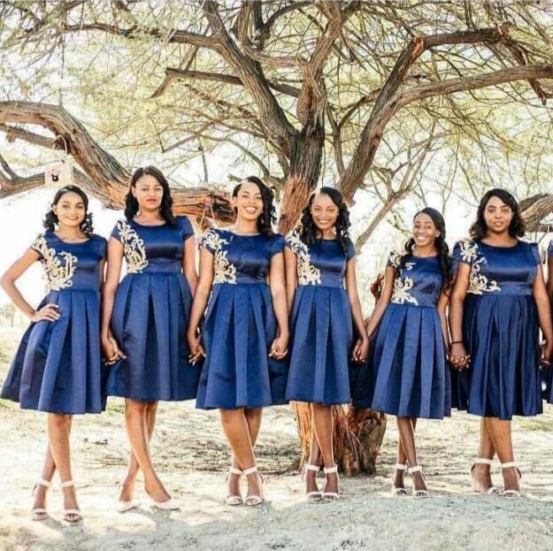 Knee Length Navy Blue Bridesmaid Dresses Elegant Stylish