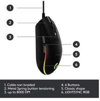 Souris de jeu Logitech G G102 LIGHTSYNC, capteur HERO 8000 DPI, 6 boutons programmables, souris de jeu filaire RGB pour PC portable